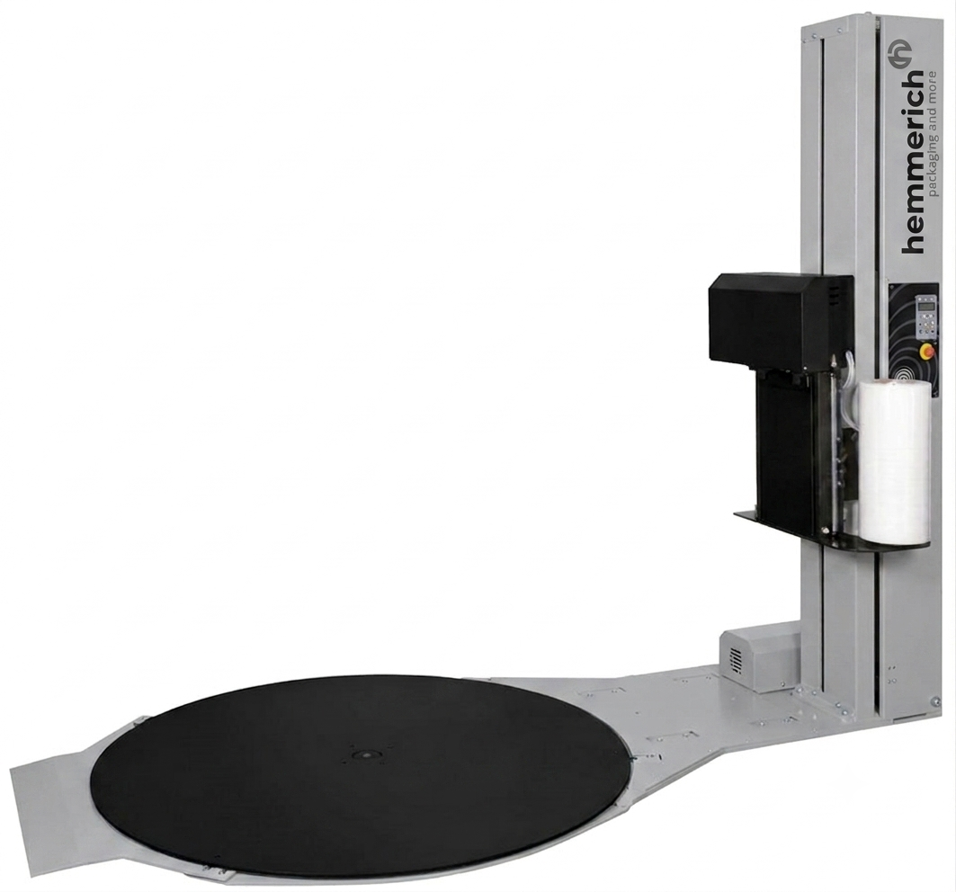 Halbautomatischer Stretchwickler mit 18 mm Drehtellerhöhe.